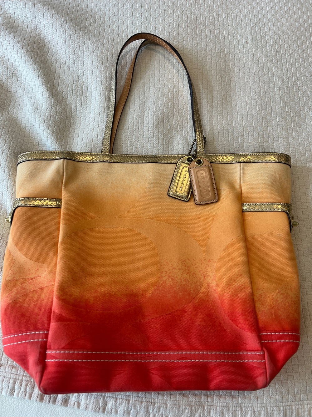 Coach Ombre Tote in Orange and Red with Gold Accents